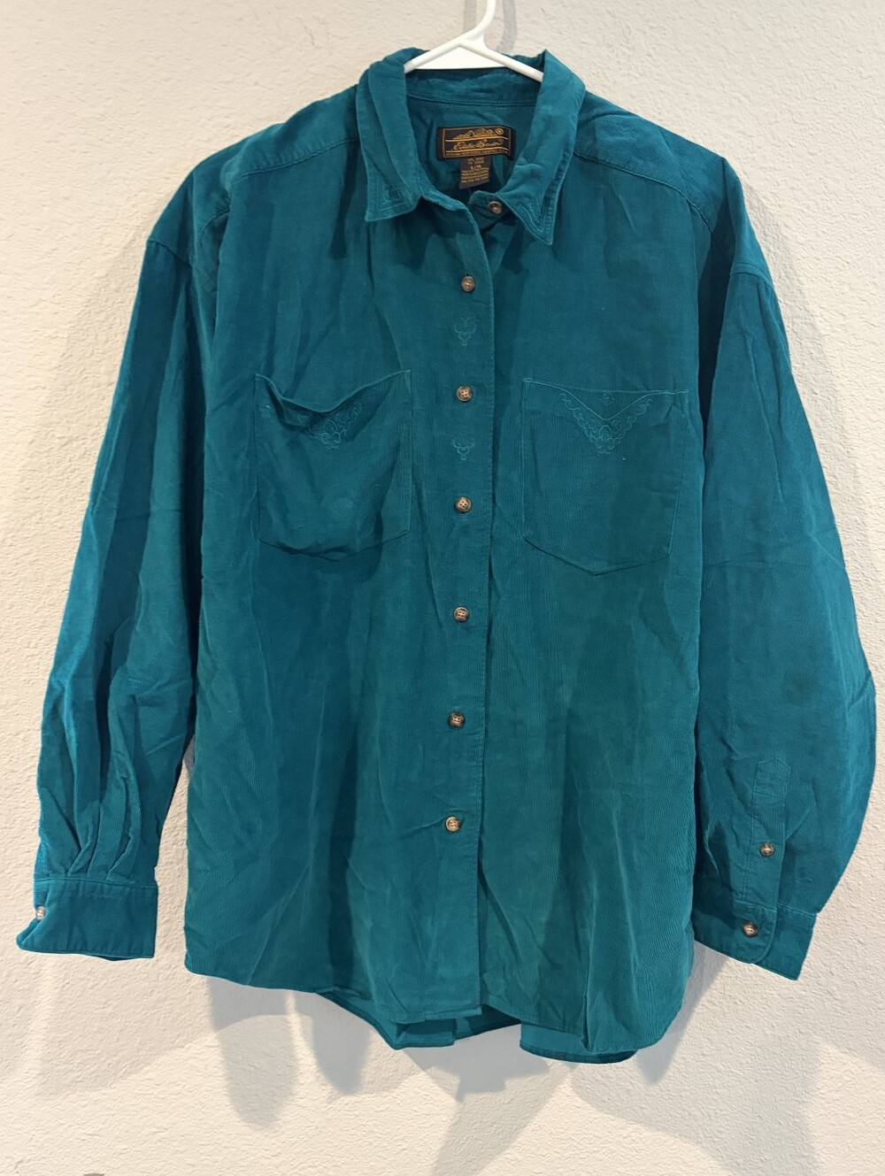 Eddie Bauer Womens Vintage 90s Turquoise 100% Cotton Corduroy Embroidered Shirt